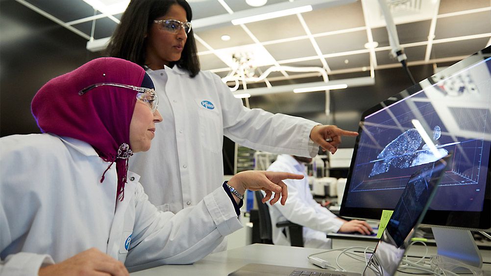 Two Pfizer employees pointing at laptop