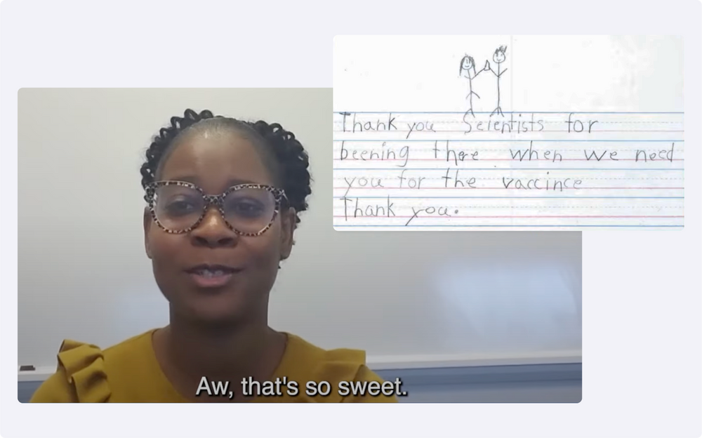 Pfizer scientists reads letter from thankful first-grade students