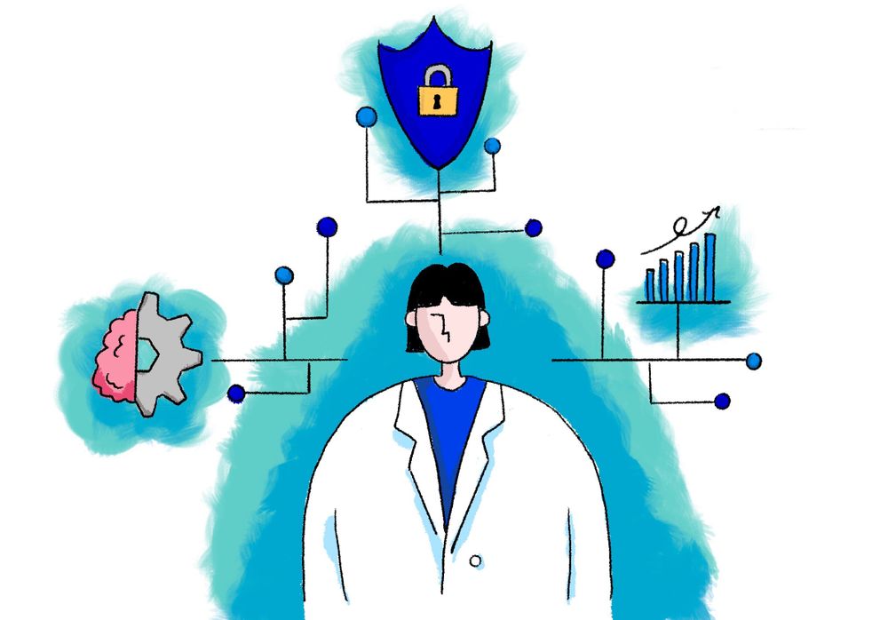 Illustration of scientist surrounded by images of a bar graph, lock, and cellular structure